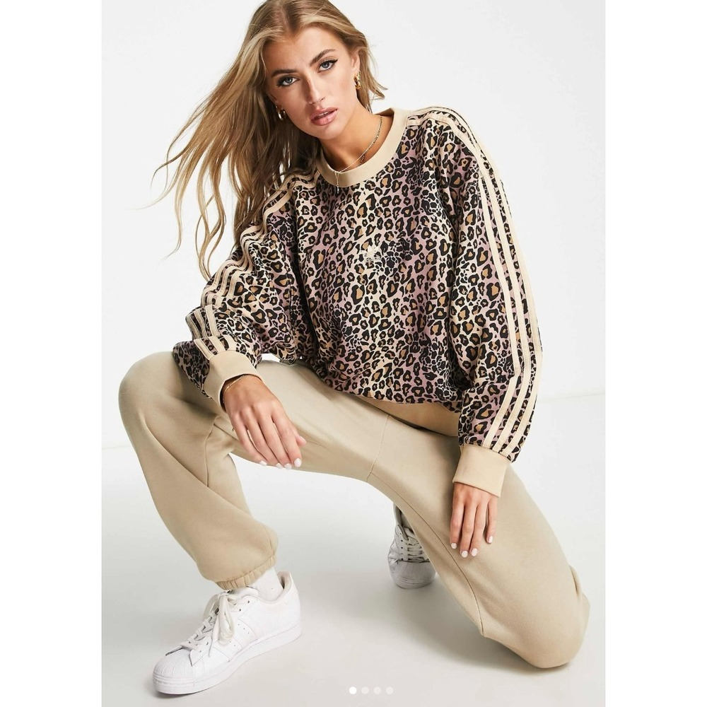 adidas Originals All Over Cheetah Print Stripe Sleeves Sporty Streetwear